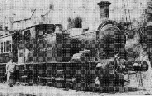 Ex-TVR 0-6-2T No.163 of class M. modified as GWR No.573, on a Caerphilly-Machen auto-train service. This engine was withdrawn in 1954 (DSMB)